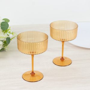 24-Pack Premium Disposable Cocktail Glasses – 10oz Amber Gold Ribbed Plastic Coupe Champagne Cups with Detachable Stem & Base – Party & Event