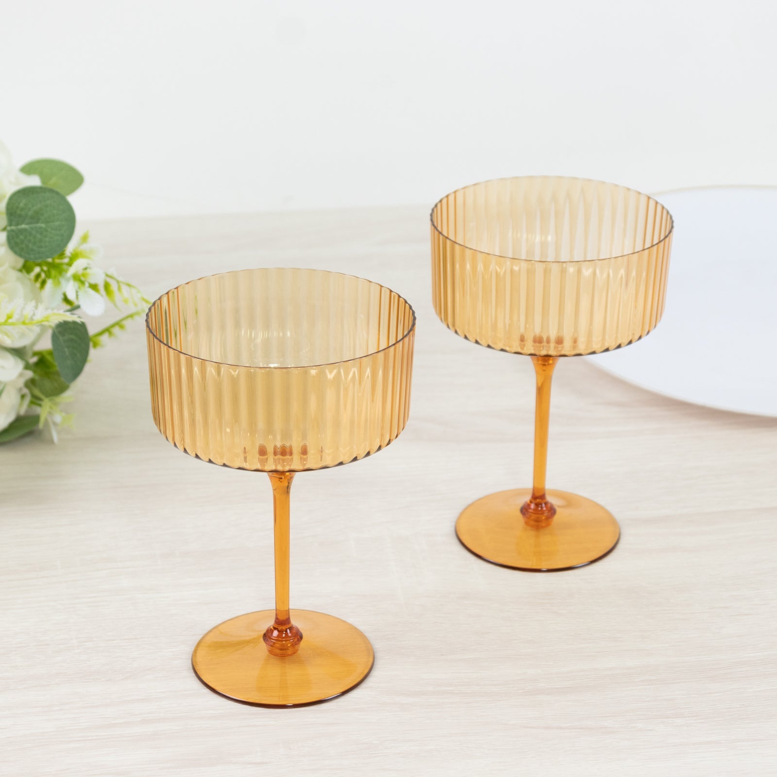 24-Pack Premium Disposable Cocktail Glasses – 10oz Amber Gold Ribbed Plastic Coupe Champagne Cups with Detachable Stem & Base – Party & Event